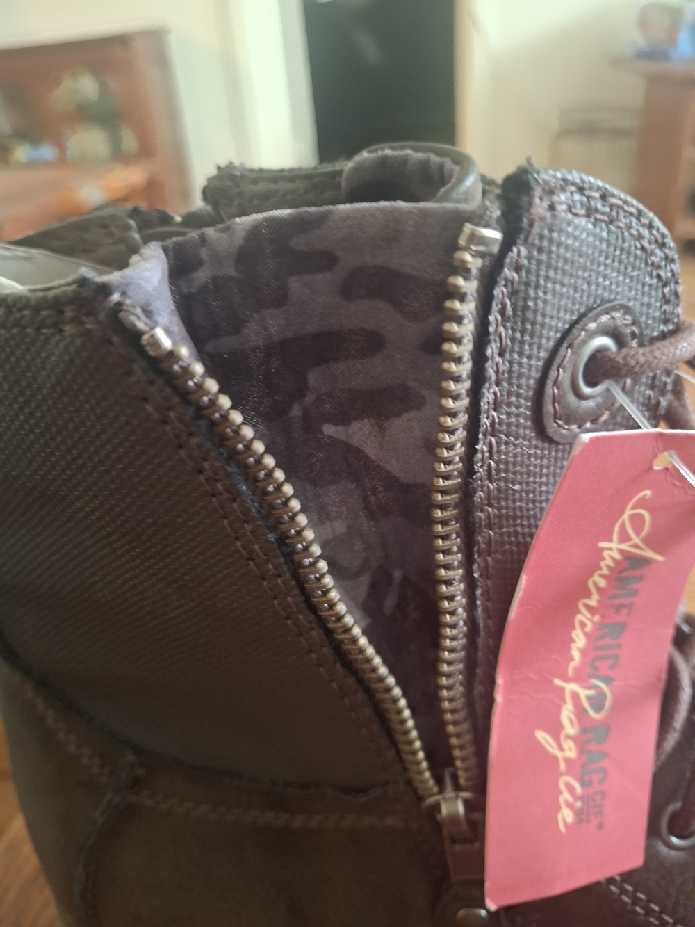 American Rag NWT Dark Brown Lace-Up Side Zip Boot with Camo Lining - Picture 4 of 8